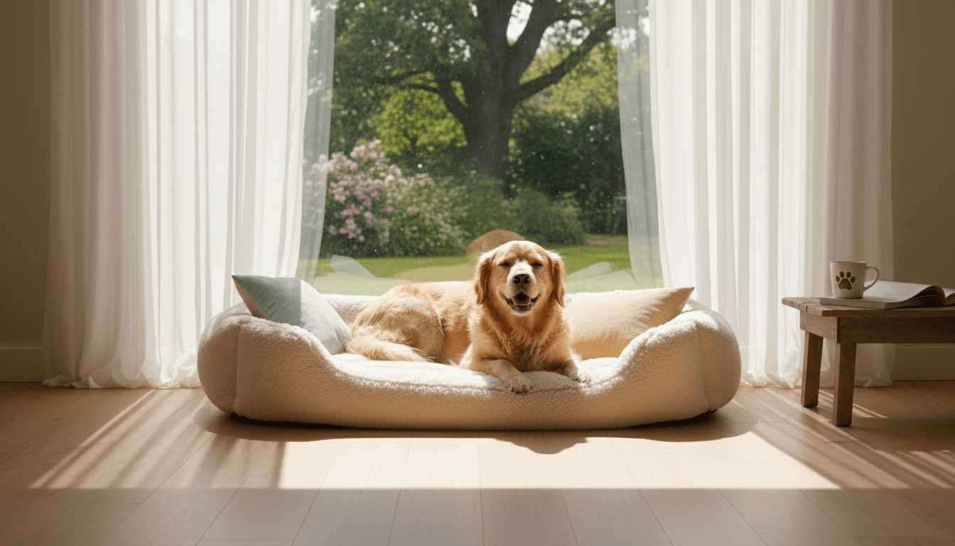 Comfortable dog relaxing on a soft sun bed in natural sunlight