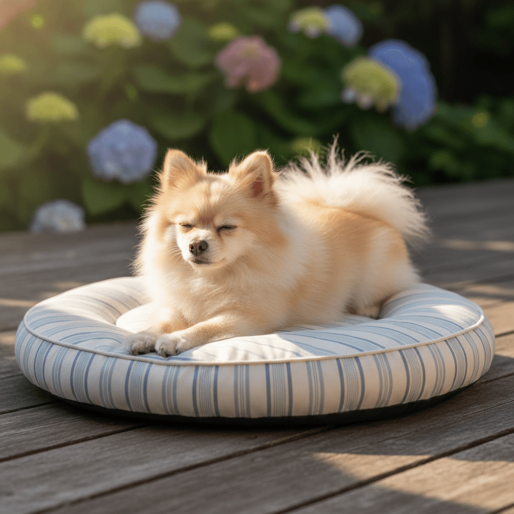Small dog stretched out on a comfortable Sunny Paws bed