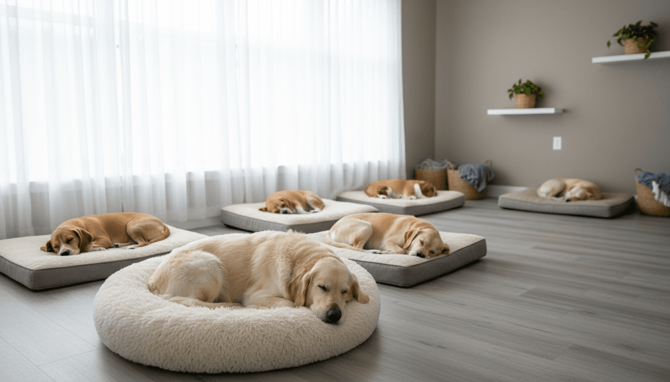 Soft orthopedic dog sun bed on wooden floor